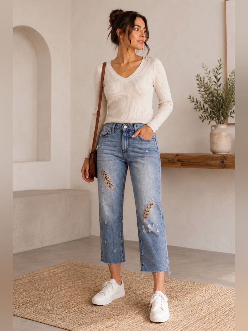 KUT from the Kloth Allie Crop Boyfriend Jeans Embroidered Feather Light Wash